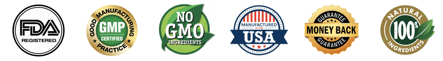 AlkaLean trust badges — FDA registered facility, GMP certified, 60-day money-back guarantee